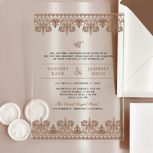 Brown Damask Border Anand Karaj Sikh Wedding Acrylic Invitations