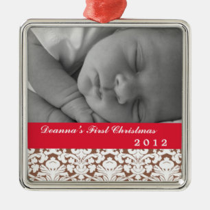 Brown damask classic red band baby's first holiday metal tree decoration