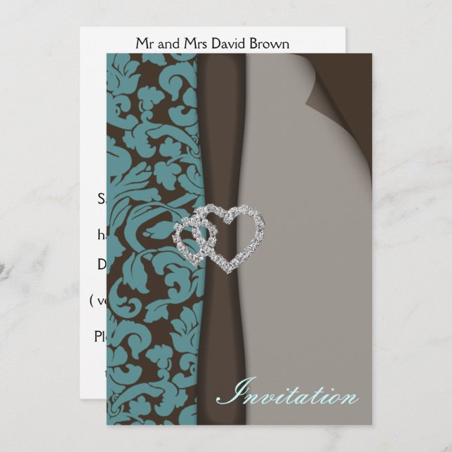 Brown Damask FAUX ribbon diamante design Invitation (Front/Back)