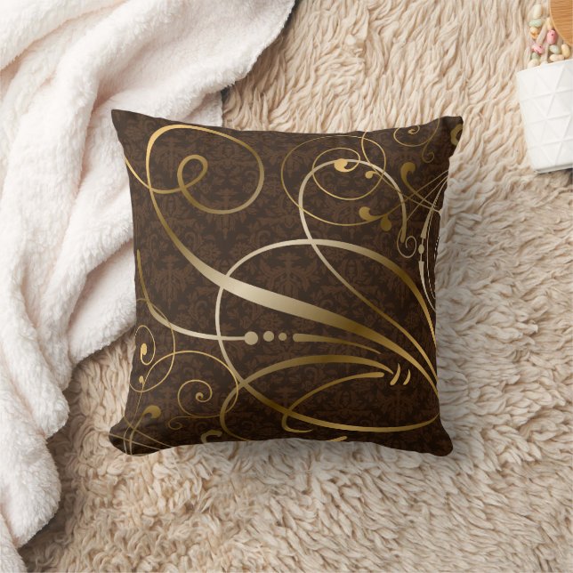 Brown Damask Gold Swirls Flourishes Cushion (Blanket)