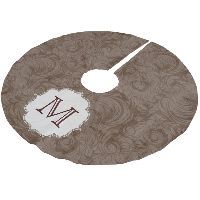 Brown Damask Lac Monogram Initial Tree Skirt (Angled)