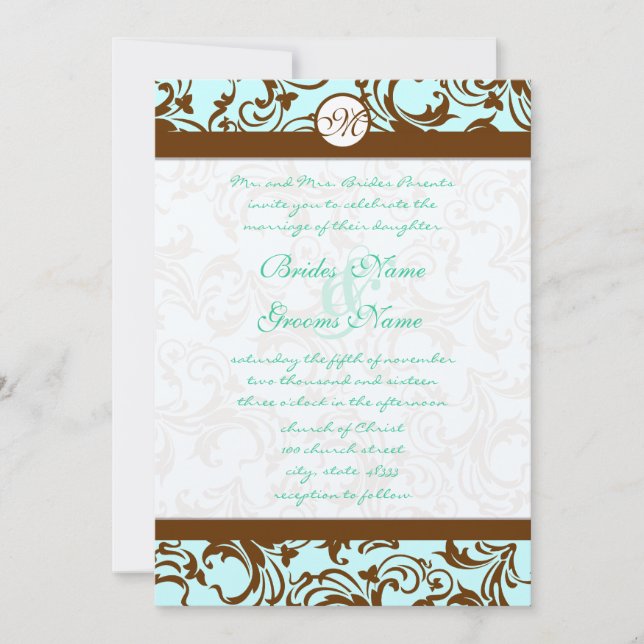 Brown Damask Light Aqua Blue Wedding Invitation (Front)