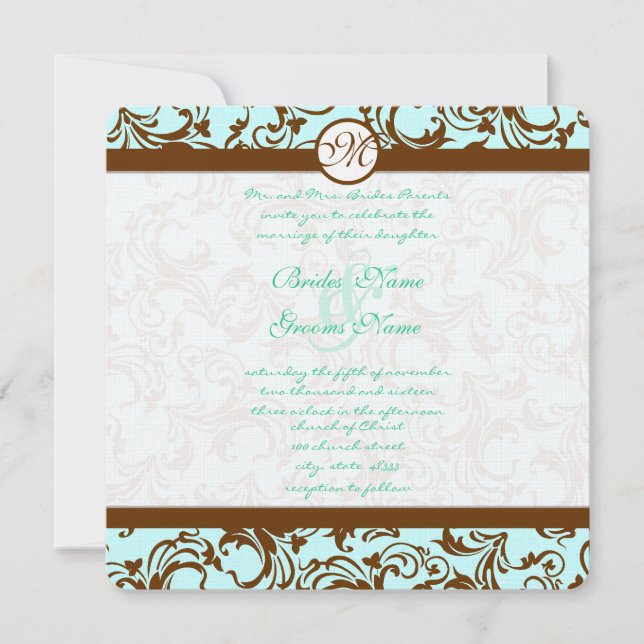 Brown Damask Light Aqua Blue Wedding Invitation (Front)