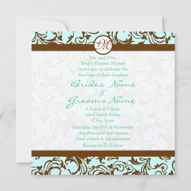 Brown Damask Light Aqua Blue Wedding Invitation (Front)