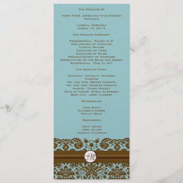 Brown Damask Monogram Wedding Program Programme (Front)