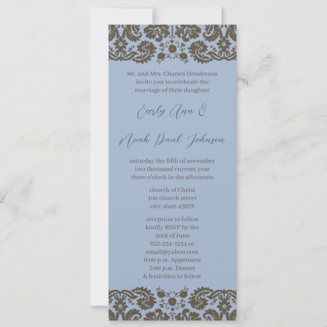 Brown Damask On Aqua Blue Wedding Invitation (Front)