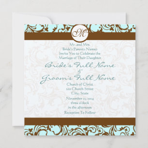 Brown Damask on Aqua Blue Wedding Invitation