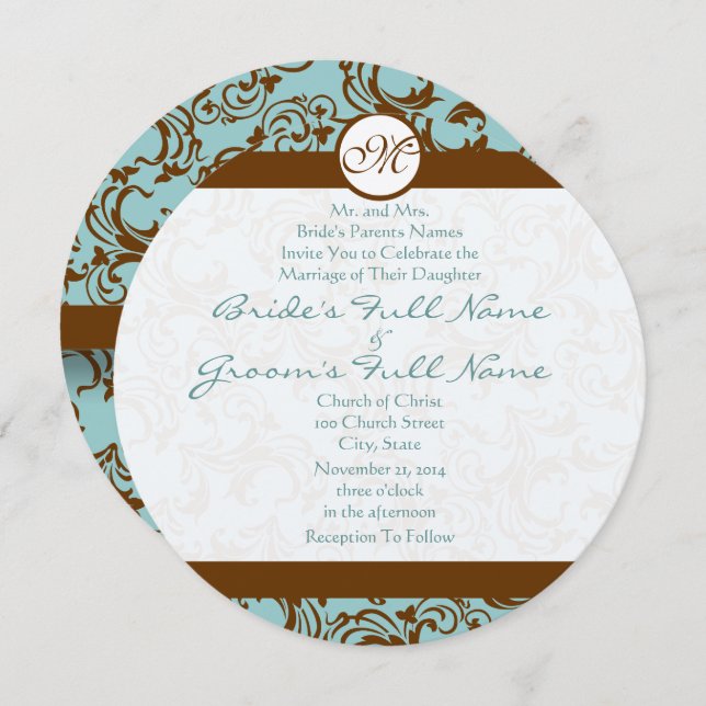 Brown Damask on Aqua Wedding Invitation (Front/Back)