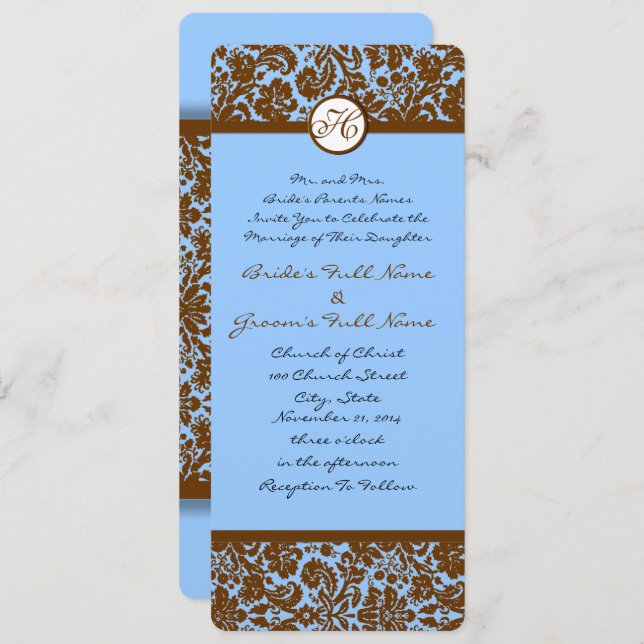 Brown Damask On Blue Wedding Invitation (Front/Back)