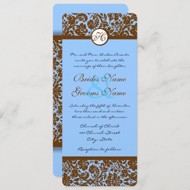 Brown Damask On Powder Blue Wedding Invitation (Front/Back)