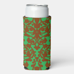 Brown damask pattern green seltzer can cooler