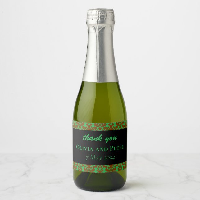 Brown damask pattern green wedding sparkling wine label (Front)