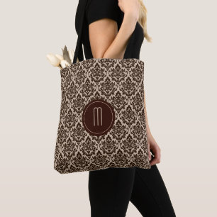 Brown Damask Pattern Monogram Tote Bag