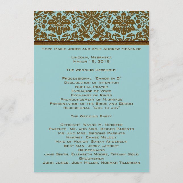 Brown Damask Wedding Program Programme (Front)