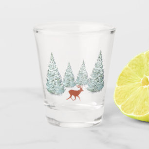 Brown Deer & Snowy Spruce Trees Shot Glass