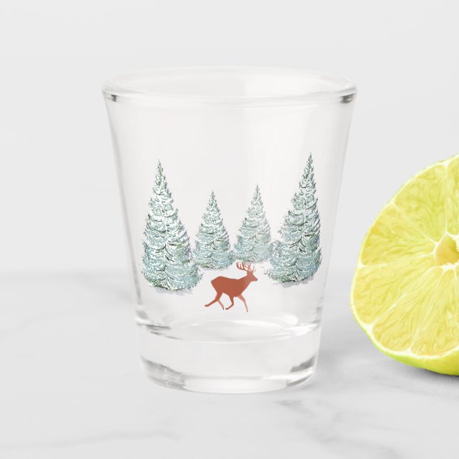 Brown Deer & Snowy Spruce Trees   Shot Glass (Front)
