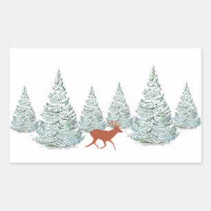 Brown Deer under Snow Covered Spruce Trees   Rectangular Sticker