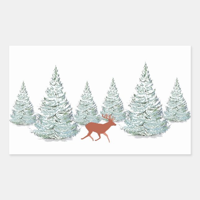 Brown Deer under Snow Covered Spruce Trees   Rectangular Sticker (Front)