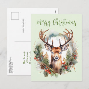 Brown Deer with Antlers Rustic Christmas Holiday Postcard