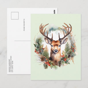 Brown Deer with Antlers Rustic Christmas Postcard