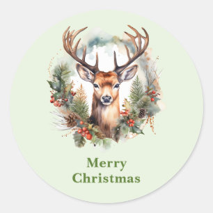 Brown Deer with Antlers Rustic Merry Christmas Classic Round Sticker