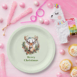 Brown Deer with Antlers Rustic Merry Christmas Paper Plate