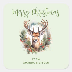 Brown Deer with Antlers Rustic Merry Christmas Square Sticker