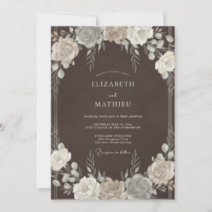 Brown Delicate Floral Romance Wedding Invitation