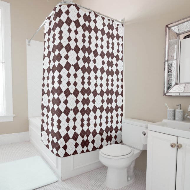Brown Diamond Chequered Pattern Shower Curtain (In Situ)