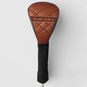 Brown Diamond-Stitched Leather-Look Personalized Golf Head Cover