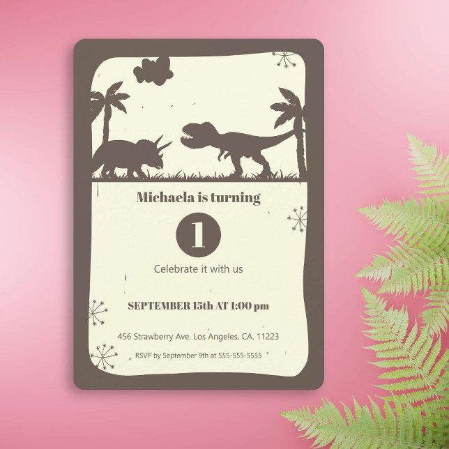 Brown Dinosaur Silhouette First Birthday Invitation (Creator Uploaded)