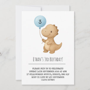 Brown Dinosaur with Blue Balloon Birthday Invitation