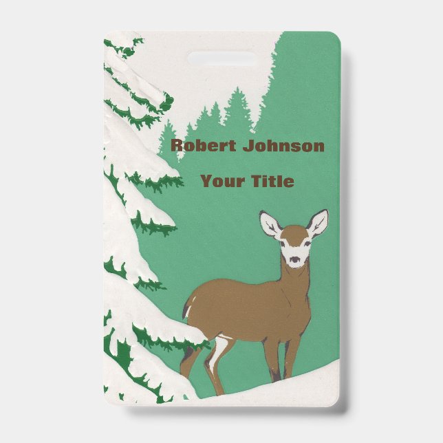 Brown Doe Deer Next to Pine Tree in Snow ID Badge (Front)