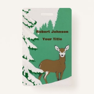 Brown Doe Deer Next to Pine Tree in Snow ID Badge
