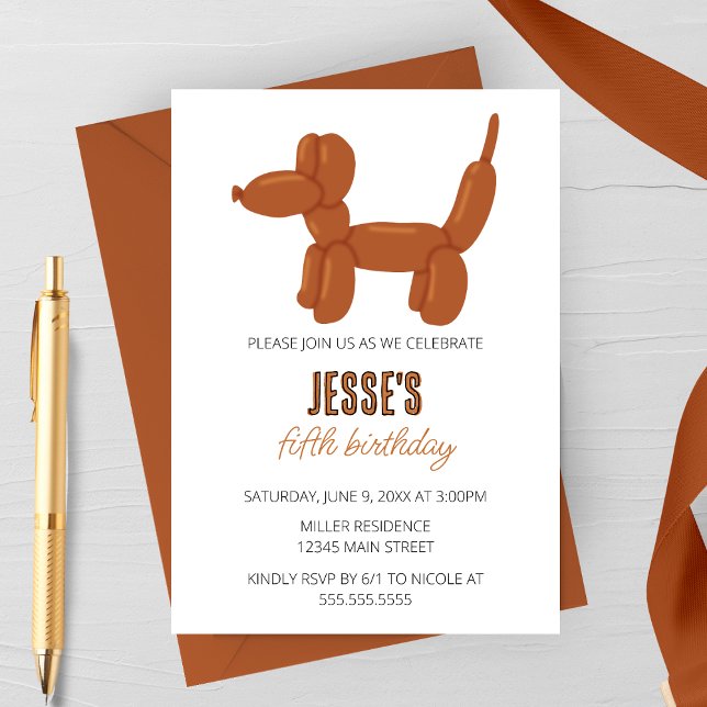 Brown Dog Balloon Animal Birthday Party Invitation (Creator Uploaded)