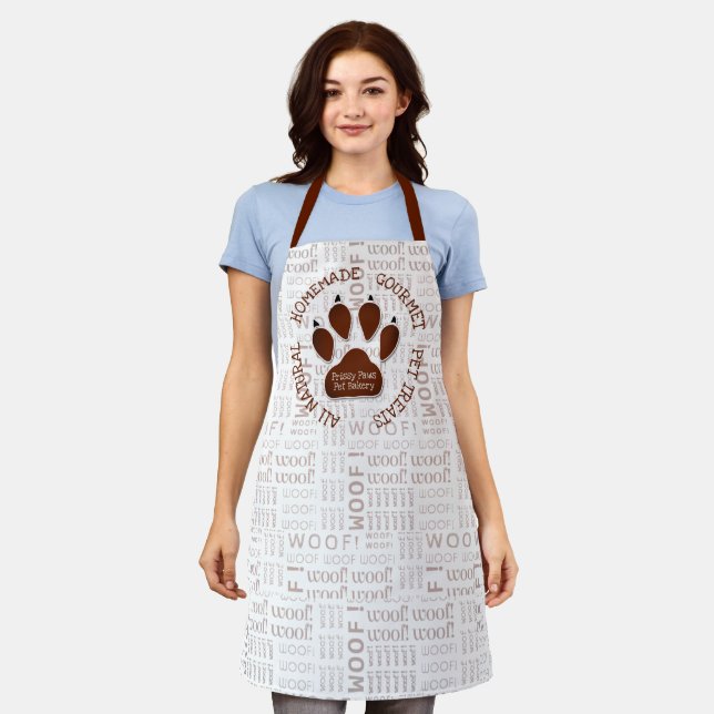 Brown Dog Paw and Woof Words Pet Business Name Apron (Worn)
