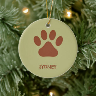 Brown dog paw custom name ceramic tree decoration