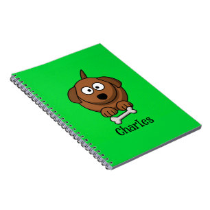 Brown dog with bone personalised on green notebook
