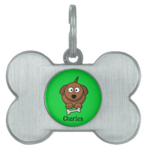 Brown dog with bone personalised on green pet ID tag