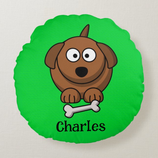 Brown dog with bone personalised on green round cushion (Front)