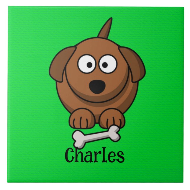 Brown dog with bone personalised on green tile (Front)