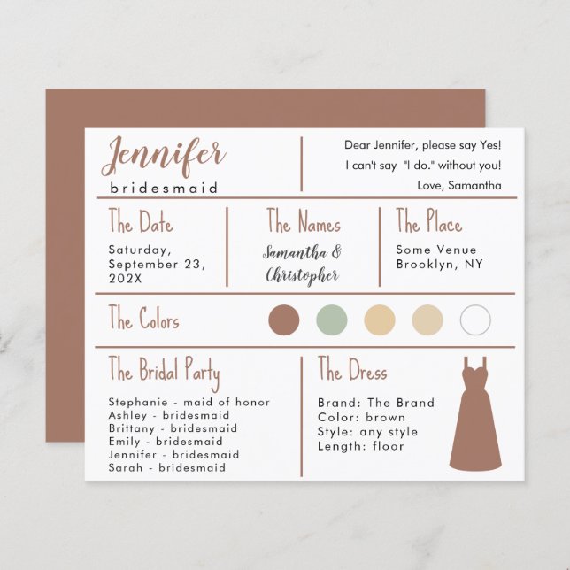 Brown Dress Colour Bridesmaid Information Card (Front/Back)