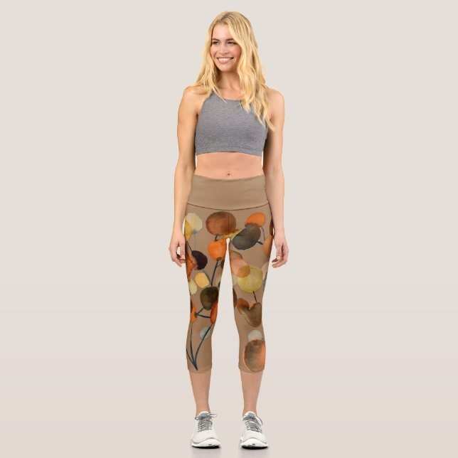Brown earth abstract watercolor colourful tree art capri leggings (Front)
