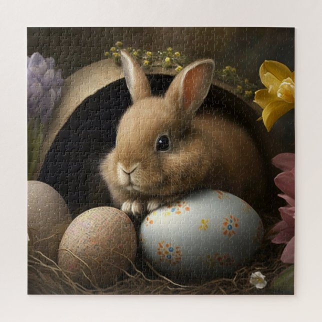 Brown Easter Bunny among Eggs and Spring Flowers Jigsaw Puzzle (Vertical)