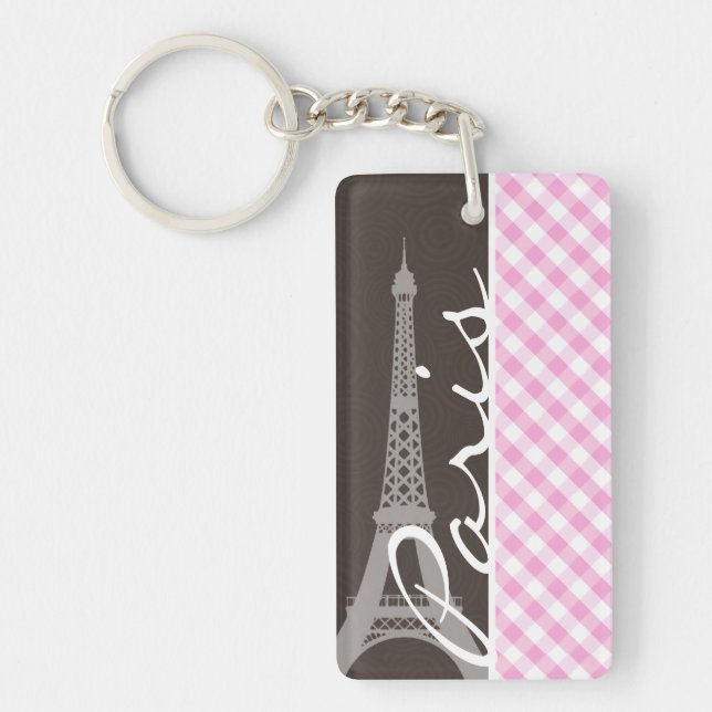 Brown Eiffel Tower & Pink Plaid Key Ring (Front)