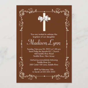 Brown Elegant Baptism Christening Elegant Cross Invitation