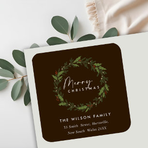BROWN ELEGANT HOLLY BERRY WREATH CHRISTMAS ADDRESS SQUARE STICKER
