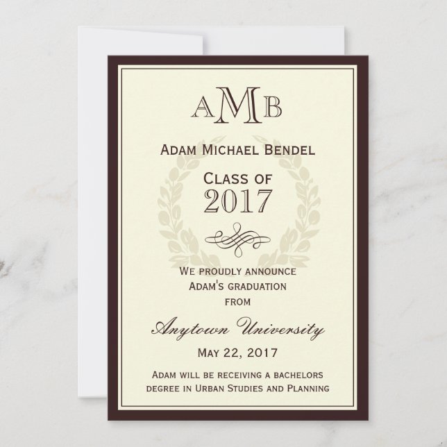 Brown Elegant Monogram Graduation Announcement (Front)