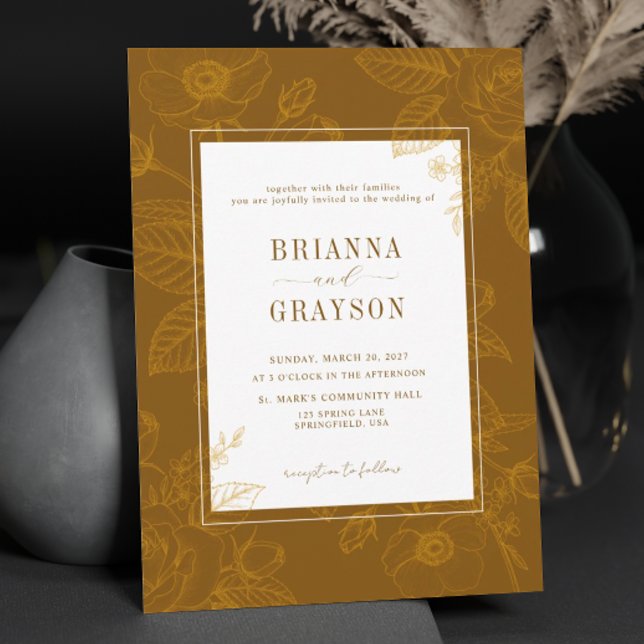 Brown Elegant Rustic Floral Monogram Wedding Invitation (Creator Uploaded)
