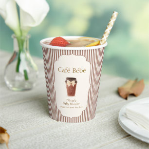Brown Elegant Stripe Café Bébé Coffee Baby shower Paper Cups